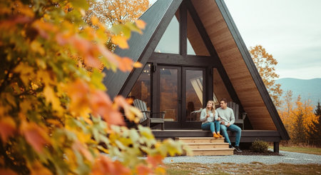 Couple sitting on the porch of a country house in autumn.の素材
