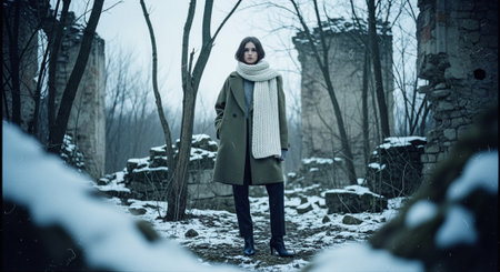 Fashionable young woman in winter coat posing outdoors. Beauty, fashion.の素材