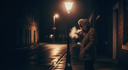 Young man smoking electronic cigarette in the street at night. Vaping concept.の素材