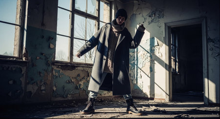 A young man in a coat and hat in an abandoned building.の素材
