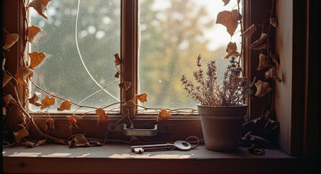 Vintage key and houseplant on the window sill with autumn leavesの素材