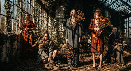 Portrait of a group of young people in an old greenhouse.の素材