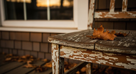 Autumn leaves on an old wooden chair in front of a windowの素材