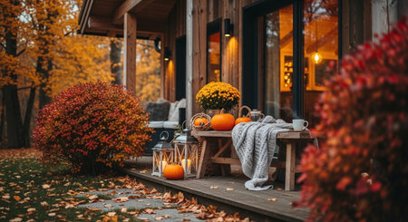 Autumn cozy terrace with pumpkins, candles, knitted plaid and wicker basketの素材