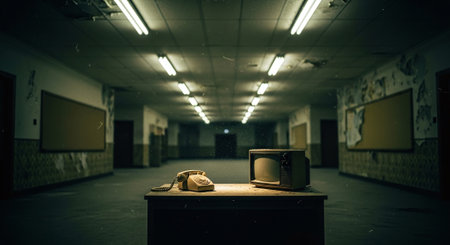 Abandoned telephone in the corridor of an abandoned factory building.の素材