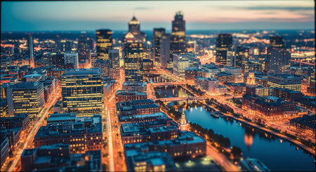 Aerial view of Rotterdam city skyline at sunset, Netherlandsの素材