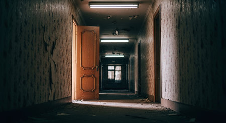 Abandoned corridor with old doors and light coming from the endの素材