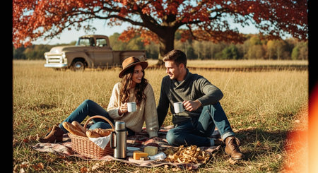 Couple sitting on plaid and drinking coffee on picnic in autumnの素材