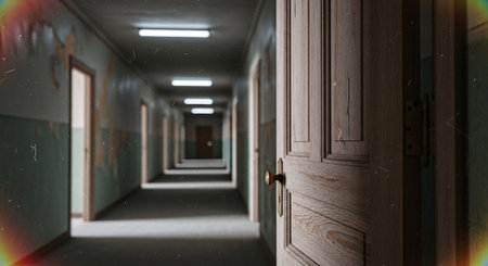 3d render of a corridor with wooden doors and light coming through themの素材