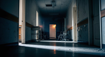 Interior of a hospital corridor lit by a bright light at nightの素材