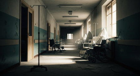 Empty hospital corridor with crutches and chairs. 3d renderingの素材
