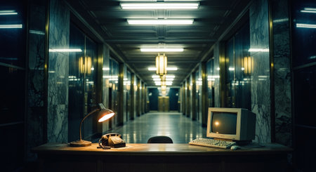 Interior of an old office building with a computer and a lampの素材