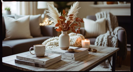 Cozy living room with coffee cup, books and candles on the tableの素材