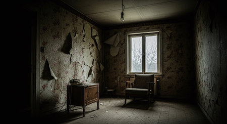 Interior of an abandoned house with an old chair and a windowの素材