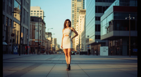 Beautiful young brunette woman in white dress walking in the city.の素材