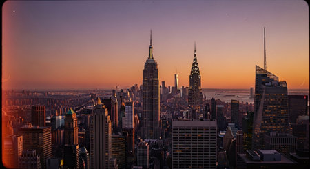 New York City Manhattan skyline panorama with Empire State Building at sunset.の素材