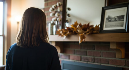 Back view of young woman sitting in cafe and looking at window.の素材