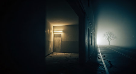 Foggy corridor at night with a tree in the background.の素材