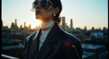 Portrait of a beautiful woman in a black coat and sunglasses on the background of the cityの素材