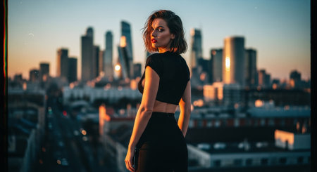 Beautiful woman in black dress on the roof of a skyscraperの素材