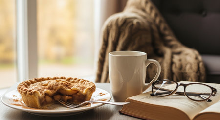 A cup of coffee, a book and a pie on the tableの素材