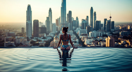 Beautiful young woman in the swimming pool with cityscape on backgroundの素材