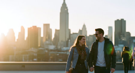 Couple walking in New York City with Manhattan skyline in the backgroundの素材