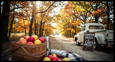 Harvested apples in a basket in front of an old truckの素材