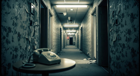 Old telephone in the corridor of an abandoned building in the city.の素材