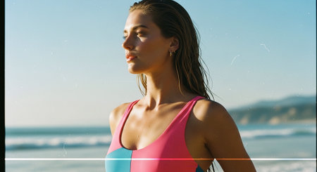 Portrait of beautiful young woman in swimsuit looking away on beachの素材
