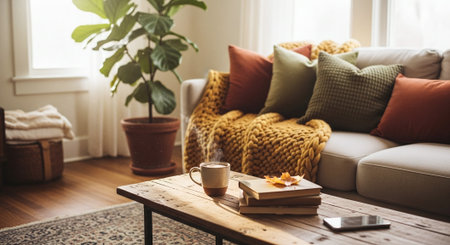 Cozy home interior. Cozy living room with beige sofa, coffee cup, books and plant.の素材