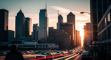 Chicago, Illinois, USA downtown skyscrapers and traffic at sunset.の素材