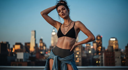Beautiful young woman in sportswear posing on the rooftop in New York City.の素材