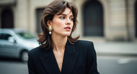 Portrait of a beautiful young brunette woman in a black coat.の素材