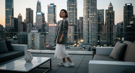 Beautiful asian woman standing on rooftop with city view in the backgroundの素材
