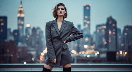 Beautiful young woman wearing a coat standing on the roof of a skyscraper in New York Cityの素材