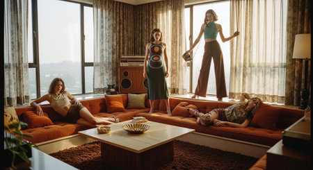 Three women relaxing in the living room at home. They are sitting on the couch and talking.の素材