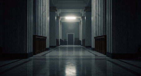 3D rendering of an empty hallway with columns and a spotlightsの素材