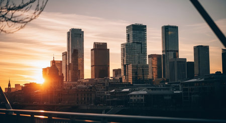 Warsaw, Poland. Cityscape with skyscrapers at sunset.の素材