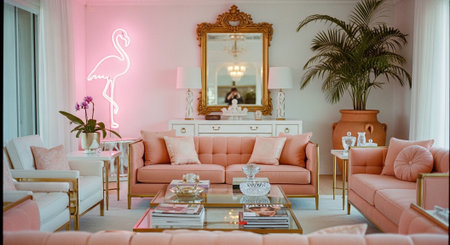 Luxury living room with pink sofa, armchair and mirrorの素材