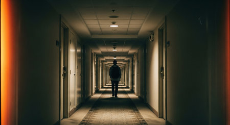 Man walking in the corridor of an office building. 3d renderingの素材