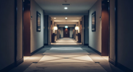 Interior of a hotel corridor with lights and shadows, blurred backgroundの素材