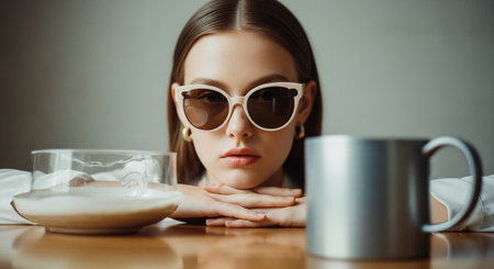 beautiful young woman in sunglasses sitting at table with cup of coffeeの素材
