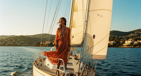Beautiful young woman in a long orange dress on a yacht at sunsetの素材