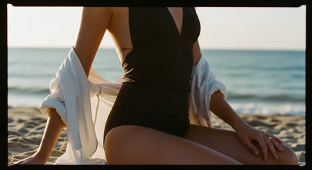 Young woman in a black swimsuit with a white towel on the beachの素材