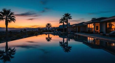 Swimming pool in luxury villa at sunset, California, USAの素材