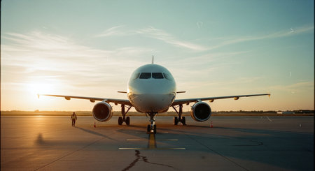 Airplane on the runway in the airport at sunset. Travel conceptの素材