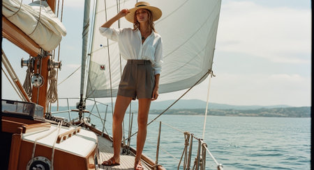 Beautiful woman in hat and shirt standingof sailing yachtの素材