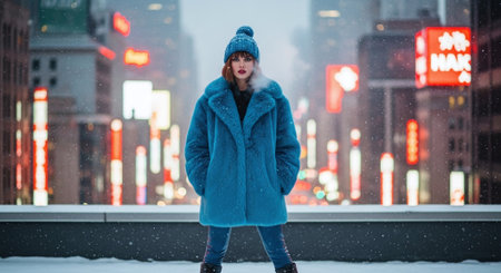 Beautiful young woman in a blue fur coat walking on the street in winterの素材