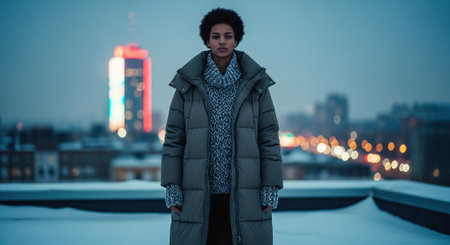 Young beautiful african american woman in winter coat posing outdoor.の素材